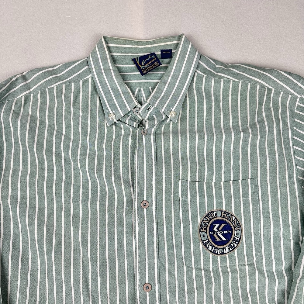 Karl Kani Jeans Mens Casual Striped Green Button Down Shirt XL‎ Long Sleeve